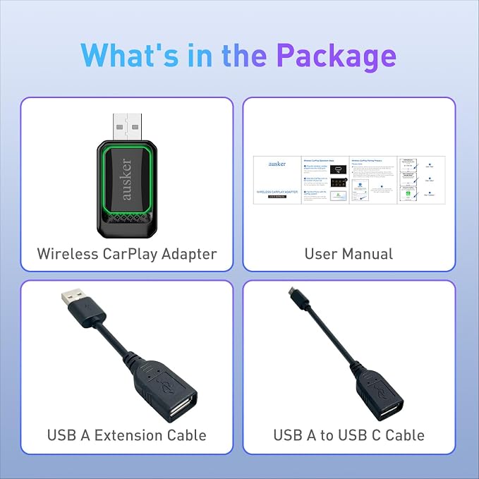 Wireless CarPlay Adapter for iPhone, Car Play Wireless Adapter Mini Size with USB A/USB C Extension Cable for Cars with Built in Wired CarPlay, Plug and Play, No Latency & Stable Connection