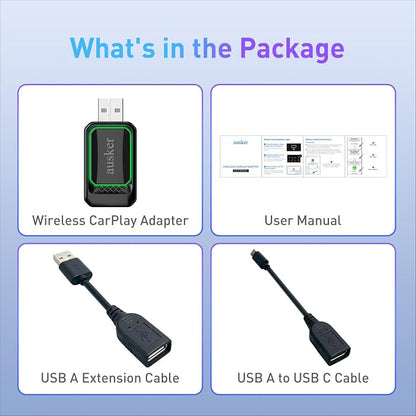 Wireless CarPlay Adapter for iPhone, Car Play Wireless Adapter Mini Size with USB A/USB C Extension Cable for Cars with Built in Wired CarPlay, Plug and Play, No Latency & Stable Connection