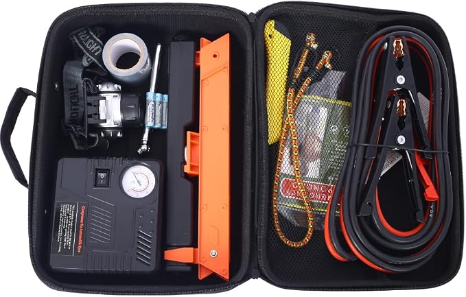 Auto Safety Emergency Kit, Car Roadside Assistance Set with 12V Portable Air Compressor, Jumper Cables, First Aid, and Accessories - Comprehensive Car and Truck Safety, Organized Storage