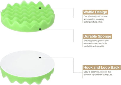 HARFINGTON 3pcs Buffing Sponge Pads 6" Polishing Wheel Waffle Finishing Grip Pad Car Buffer Polisher with Hook and Loop Back for Car Detailing Polishing Waxing, Green