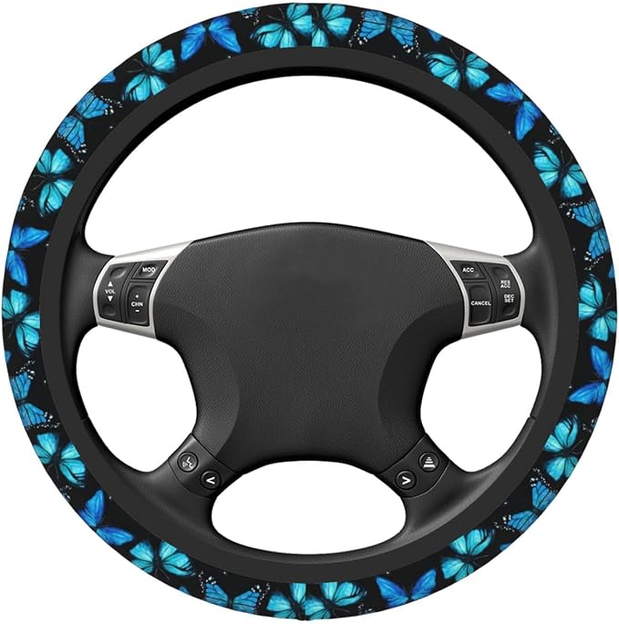 Blue Butterfly Steering Wheel Cover for Women, Universal Auto Steering Wheel 14-15 Inch Car Interior Accessories with 2PCS Car Coasters, Suitable for Men and Women