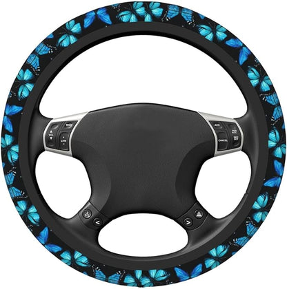 Blue Butterfly Steering Wheel Cover for Women, Universal Auto Steering Wheel 14-15 Inch Car Interior Accessories with 2PCS Car Coasters, Suitable for Men and Women