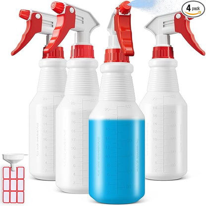 Bealee Spray Bottles (4 Pack, 24 Oz) Refillable Empty Plastic Water Spraying Bottle for Cleaning Solutions, Hair Spray, Car Detail, Watering Plants, Heavy Duty Mist Stream Sprayer with Measurement