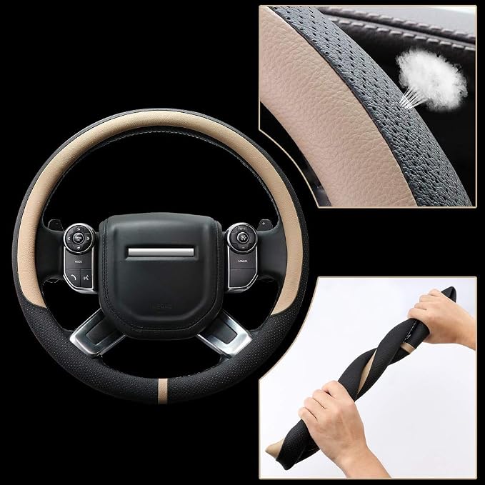 COFIT Breathable Car Steering Wheel Cover 16 inch Auto Universal Leather Wrap Non-Slip Steeringwheel Protector Automotive Interior Accessories, Beige (Suit for 15 1/2-16 inch)
