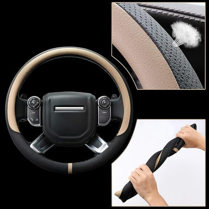 COFIT Breathable Car Steering Wheel Cover 16 inch Auto Universal Leather Wrap Non-Slip Steeringwheel Protector Automotive Interior Accessories, Beige (Suit for 15 1/2-16 inch)
