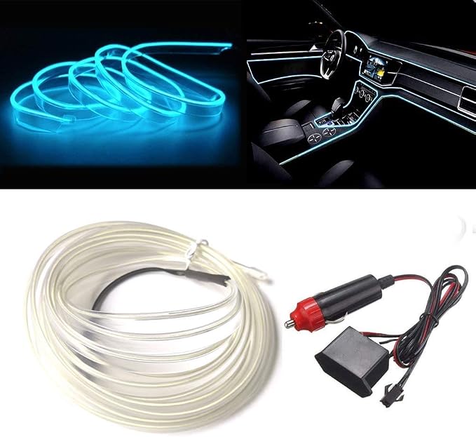MaxLax Ice Blue EL Wire Car Interior LED Kit - 16.4ft Flexible neon-Style Wire with 12V Fused Power Supply. Features 6mm Reinforced Edge for Easy auto Installation