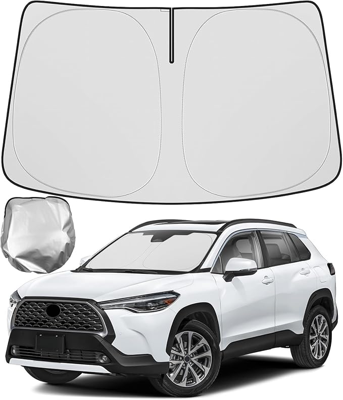 BIBLOZ Windshield Sun Shade for Toyota Corolla Cross 2022-2025 2026 Accessories Foldable Sunshade with Storage Pouch PET Material Keeps The Car Cool Inside(Not for Corolla)