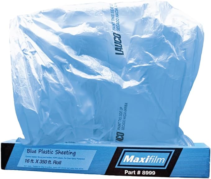 MAXIFILM 16ft x 350ft Roll of Blue Overspray Paintable Masking Plastic Sheeting -8 Micron, 0.3 Mil, Protective Masking Film Cover, Auto Painting, Cover Cloth Home Walls Furniture (1, 16ft x 350ft)