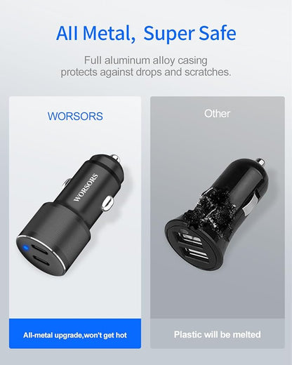 Dual 45W USB C Car Charger, 90W Max Super Fast Charging, All Metal 12V Cigarette Lighter Adapter for iPhone 17 Pro Max/16/15/iPad, Samsung Galaxy S26/S25, Google Phones with 2 Type C Cable 3.3ft Black