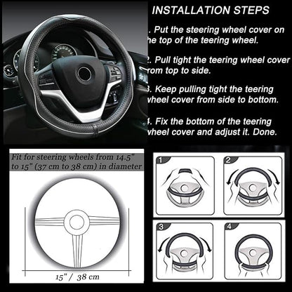 Rueesh Microfiber Leather Steering Wheel Cover Anti-Slip Matte Finish Auto Car Wheel Cover Universal 15 Inch Wheel Cover for Car Embossing Pattern (M (14.5"-15" Diameter), White Line)