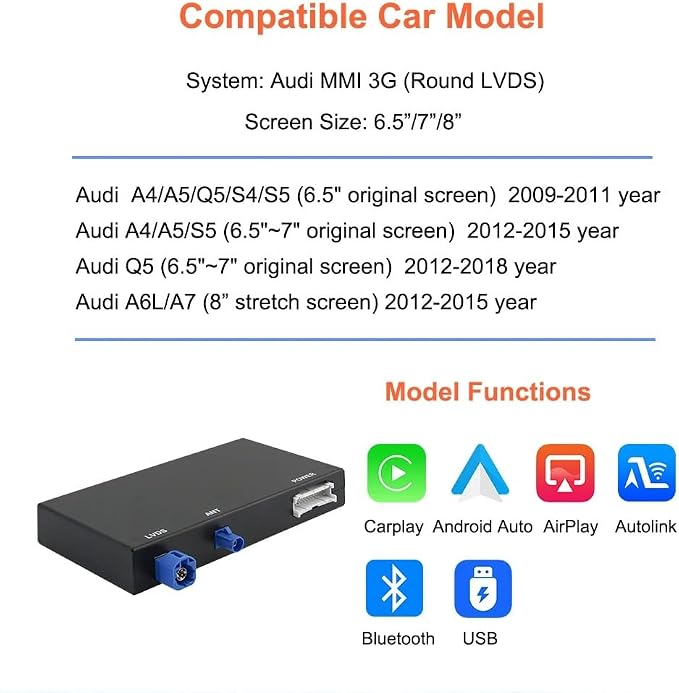 Wireless Carplay Android Auto Adapter for Audi A4 A5 Q5 S4 S5 2008-2018 | MMI 3G Retrofit Kit with Navigation, Music, Siri, OEM Knob Control, Camera Input