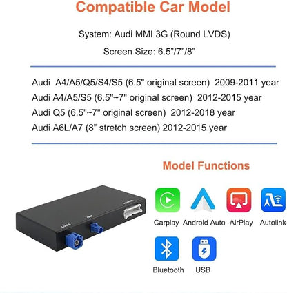 Wireless Carplay Android Auto Adapter for Audi A4 A5 Q5 S4 S5 2008-2018 | MMI 3G Retrofit Kit with Navigation, Music, Siri, OEM Knob Control, Camera Input