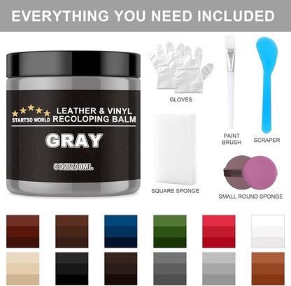 STARTSO WORLD Gray Leather Recoloring Balm, Leather Repair Kit for Furniture,Couches & Car Seats, Leather Paint, Leather Color Restorer, Leather Scratch Remover