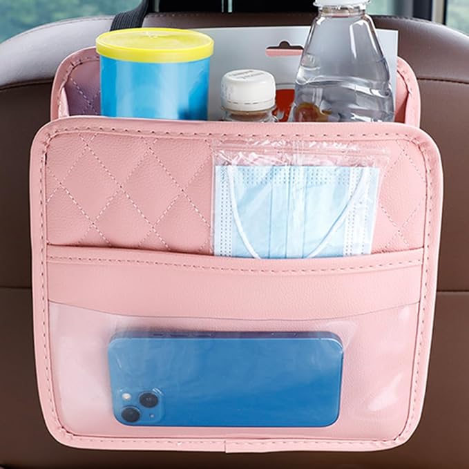 Mandark Car Seat Back Organizer, PU Leather Vehicle Backseat Hanging Storage Pocket, Multipurpose Auto Travel Essentials Accessories for Kids & Adults, Universal for Most Cars (Pink)