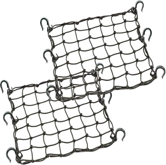 Small Cargo Net 15"x15" Stretches to 30"x30" with Thicken Hooks | Natural Latex Core, Tight 2”x2” Mesh Heavy Duty Bungee Net for Motorcycle Helmet, Bike, ATV, UTV, Luggage (Black, 2 Pack)