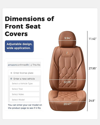 Huidasource Front Seat Covers, Universal Fit for Most Cars SUV Trucks, Full Coverage Leather Seat Cover, Airbag Compatble, Seat Function Retain, Storage Pocket Design, Easy to Install, Brown