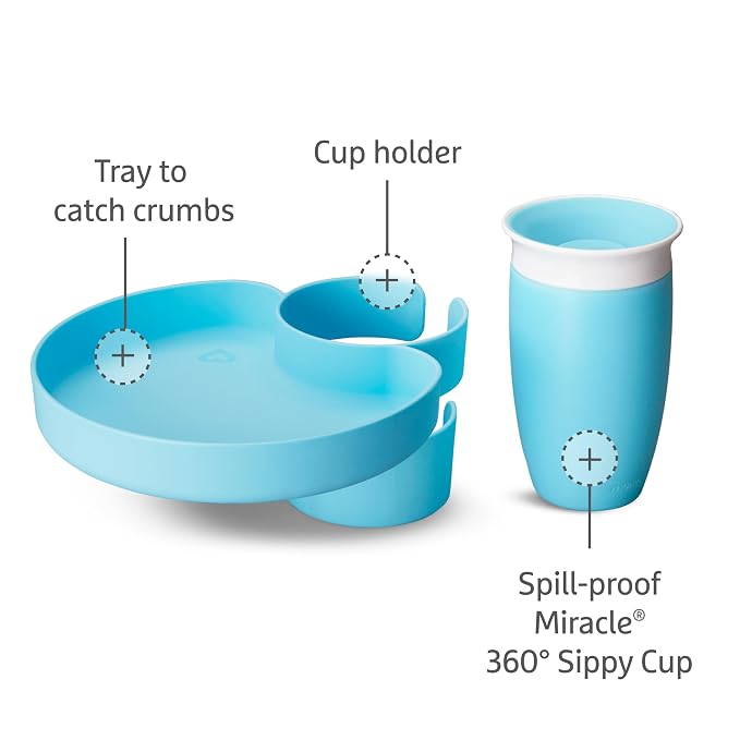 Munchkin Carseat Tray with Miracle 360 Sippy Cup for Toddlers 1-3 - Travel & Road Trip Accessory for Kids, Mess-Free Snacking and Spill Proof Drinking in The Car, Blue