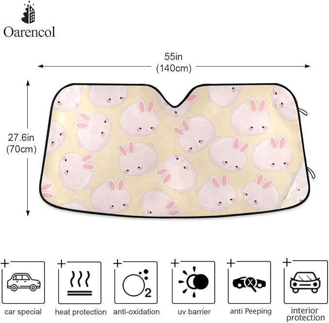 Cute Pink Bunny Car Windshield Sun Shade Rabbit Animal Foldable UV Ray Sun Visor Protector Sunshade to Keep Your Vehicle Cool (55" x 27.6")