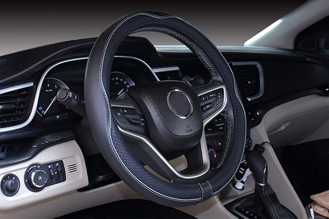 Mayco Bell Universal Standard Size Steering Wheel Cover Anti-Slip,Safety,Soft,Breathable,Durable,Full Surround,Comfortable Grip Microfiber Leather (14.5-15 inch,Black Gray)