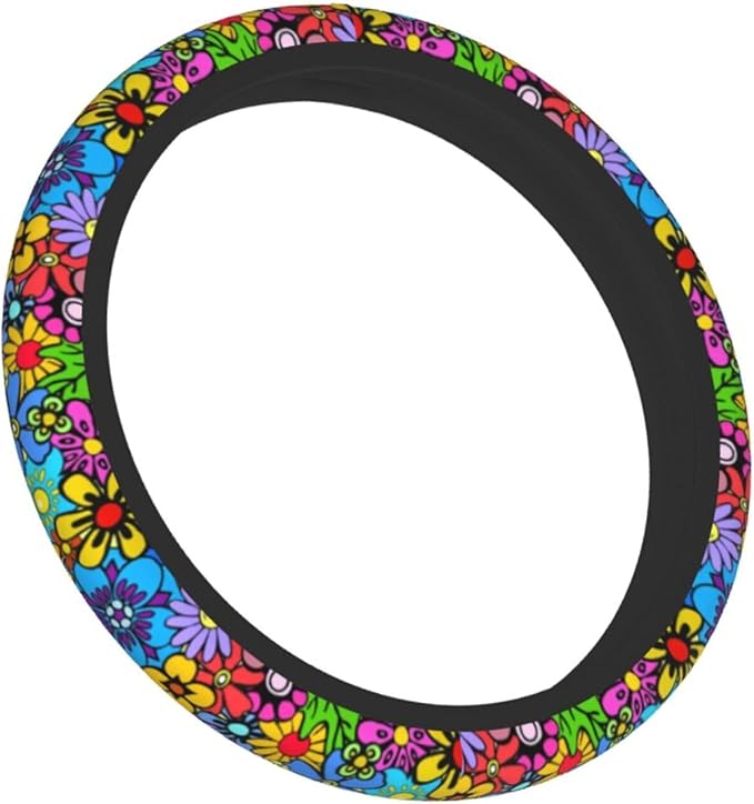 Hippie Flower Steering Wheel Cover Car Accessories Cute for Women Girls Girly Universal 15 Inch Neoprene Auto Interior Decor Anti Slip Car Truck Protector