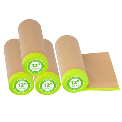 Tangibay Pre-Taped Masking Paper for Painting - 12 inch x 50 feet Tape and Drape Painters Paper, Paint Adhesive Protective Paper Roll for Covering Skirting, Frames, Cars and Auto Body (4 Rolls)