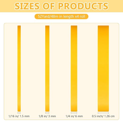 Epakh 4 Pack Painters Tape, Pinstripe Masking Tapes in 1/16, 1/8, 1/4 and 1/2 Inch Wide Suitable for Multi-Surface Automotive DIY Painting Labeling Arts Crafts Car Spray General Purpose(Yellow,52 yd)