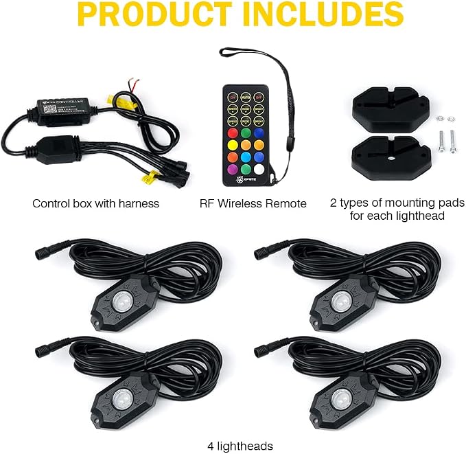 Xprite RGBW LED Rock Lights Kit with Bluetooth & Wireless Remote Controller, Multicolor Cars Underglow, Wheel, Footwell Neon Light Kits, for Off-Road UTV ATV Trucks SUV Motorcycle Boats - 4 Pods