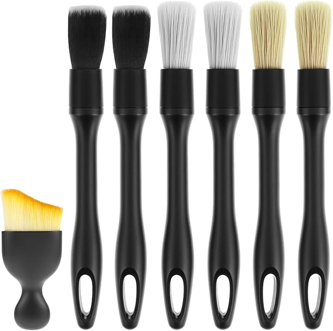 QWORK Car Detailing Brush Set for Interior & Exterior Cleaning, 7Pcs Ultra Soft to Hard Bristle Brushes for Dashboard, Leather, Wheels & Emblems, Auto Detailing Tools for Deep Car Care