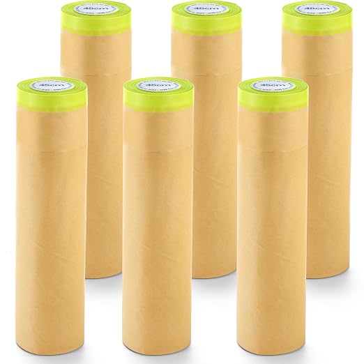 Jucoan 6 Rolls Pre-Taped Masking Paper for Painting, 18 Inch x 30 Ft Tape and Drape Painter Paper for Painting Auto Cars, Wall Frame Covering, Floor Protection