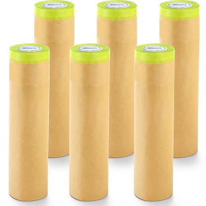 Jucoan 6 Rolls Pre-Taped Masking Paper for Painting, 18 Inch x 30 Ft Tape and Drape Painter Paper for Painting Auto Cars, Wall Frame Covering, Floor Protection