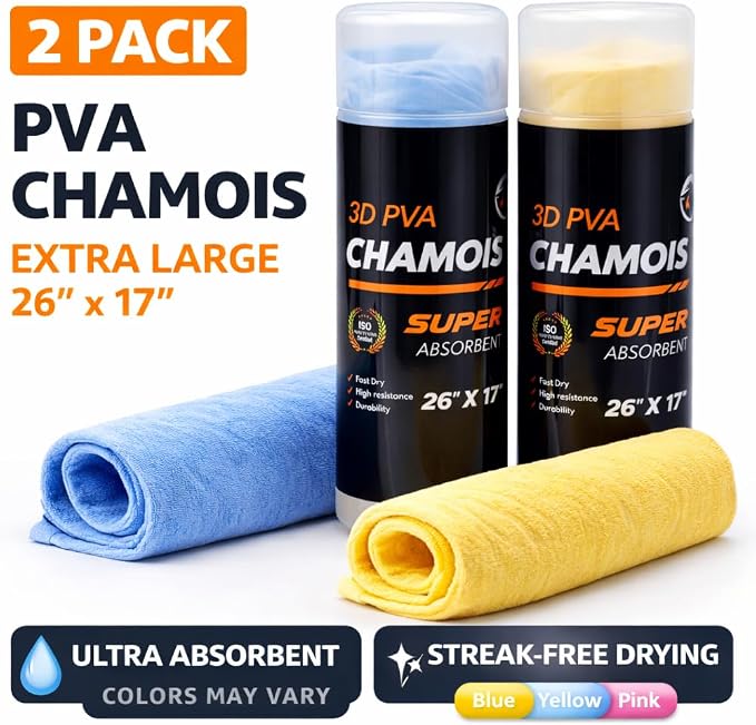 R.A. Car Drying Chamois 2-Pack (26x17in) - Ultra-Absorbent PVA Microfiber Towels for Cars - Streak-Free, Scratch-Resistant Cleaning with Storage Case - Essential Car Wash Kit Accessory