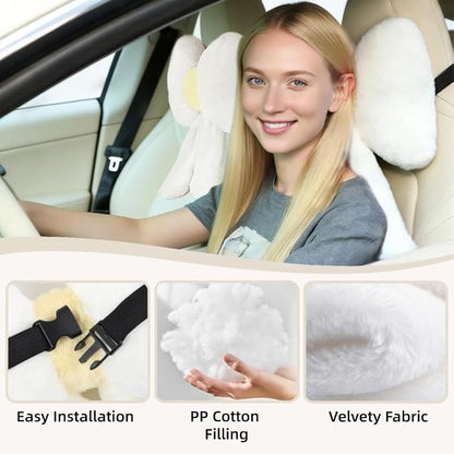 Sexysamba 2 Pcs Plush Bow Car Headrest Neck Pillow Cute Bow Pillow for Car Seat Décor Soft Neck Support for Comfortable Driving Traveling Office Fluffy Head Rest Cushion, White