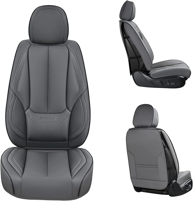 Coverado Front Seat Covers, Waterproof Nappa Leather Car Seat Cover, Sideless Car Seat Covers Front Seats, Driver Seat Cover, Car Seat Protector Universal Fit for Most Sedans SUV Truck, Grey