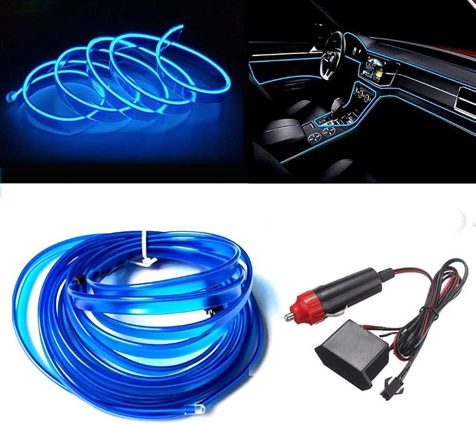 MaxLax Blue EL Wire Car Interior LED Kit - 16.4ft Flexible neon-Style Wire with 12V Fused Power Supply. Features 6mm Reinforced Edge for Easy auto Installation