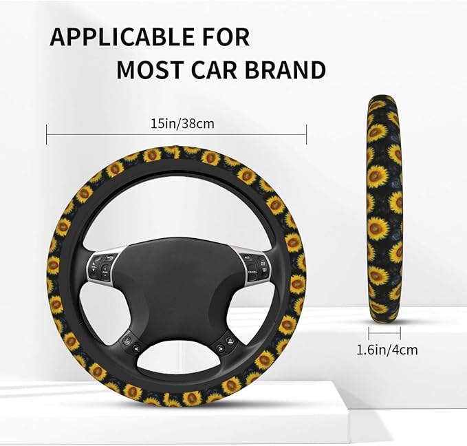Sunflower Steering Wheel Cover Universal 14-15 Inch Breathable Anti Slip with 2 Pieces Car Coasters Sunflower Car Accessories Decor for Men Women