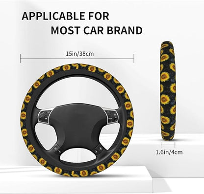 Sunflower Steering Wheel Cover Universal 14-15 Inch Breathable Anti Slip with 2 Pieces Car Coasters Sunflower Car Accessories Decor for Men Women