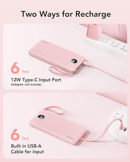 VRURC Portable Charger Power Bank, Built-in 4 Cables & 2 Ports,10000mAh Slim Battery Pack with LED Display, Travel Essential USB C Portable Phone Charger for All Cell Phones Devices-Pink(1 Pack)