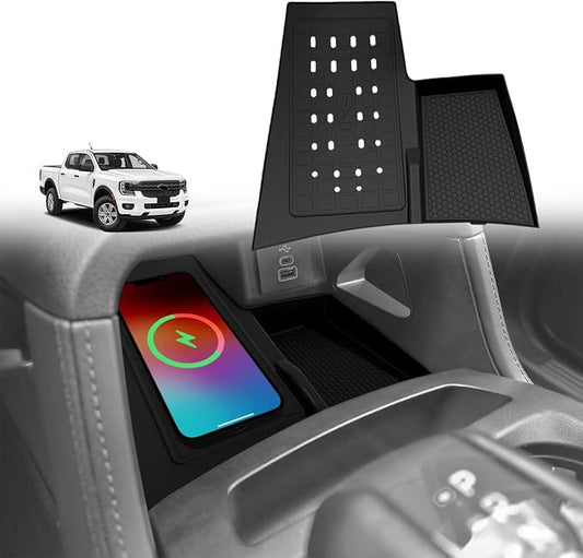 Muslogy Center Console Inserts Compatible with Ford Ranger 2024 2025 2026 Accessories, Center Console Wireless Charger Protective Mat Liner Anti-Slip Phone Charge Area Charging Protection