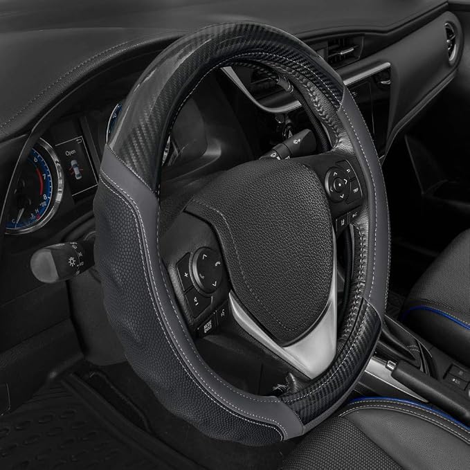 Motor Trend UltraSport Gray Carbon Fiber Steering Wheel Cover, Standard 15 inch Size, Black Faux Leather Comfort Grip, Car Steering Wheel Cover for Auto Truck Van SUV