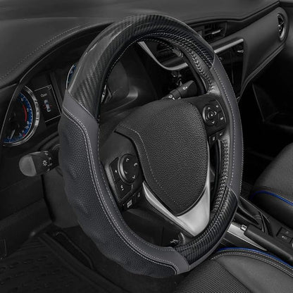 Motor Trend UltraSport Gray Carbon Fiber Steering Wheel Cover, Standard 15 inch Size, Black Faux Leather Comfort Grip, Car Steering Wheel Cover for Auto Truck Van SUV