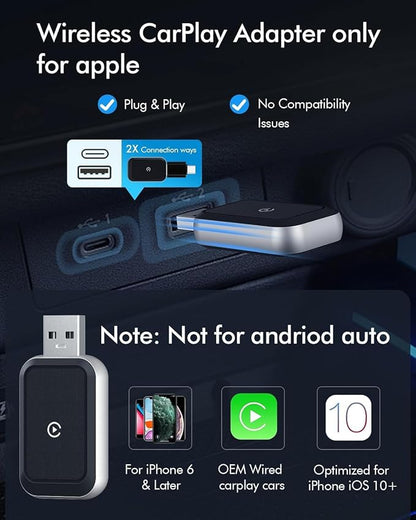 Wireless CarPlay Adapter for iPhone, Convert Wired to Wireless, Plug & Play, Mini USB Adapter, Auto-Connect Fast, Compatible with iPhone 6+ (iOS 10+) & 2016+ Cars