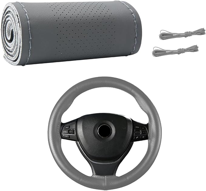 Wevdn Genuine Leather Steering Wheel Cover, Stitch on Wrap, DIY Sewing Steering Wheel Protector, 15 Inch Breathable Non-Slip Steering Wheel Protector, Car Accessories (Gray, Middle Hole)