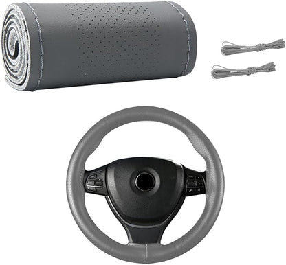 Wevdn Genuine Leather Steering Wheel Cover, Stitch on Wrap, DIY Sewing Steering Wheel Protector, 15 Inch Breathable Non-Slip Steering Wheel Protector, Car Accessories (Gray, Middle Hole)