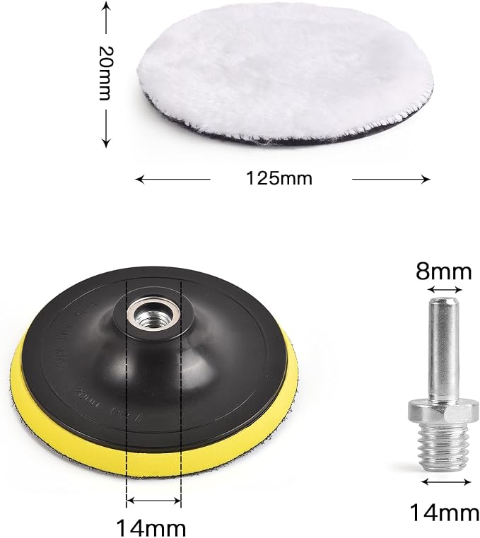 Kshineni 7 Pcs 5 Inch (125 mm) Wool Polishing Buffing Pad Car Polisher Buffer Drill Attachment with M14 Drill Adapter