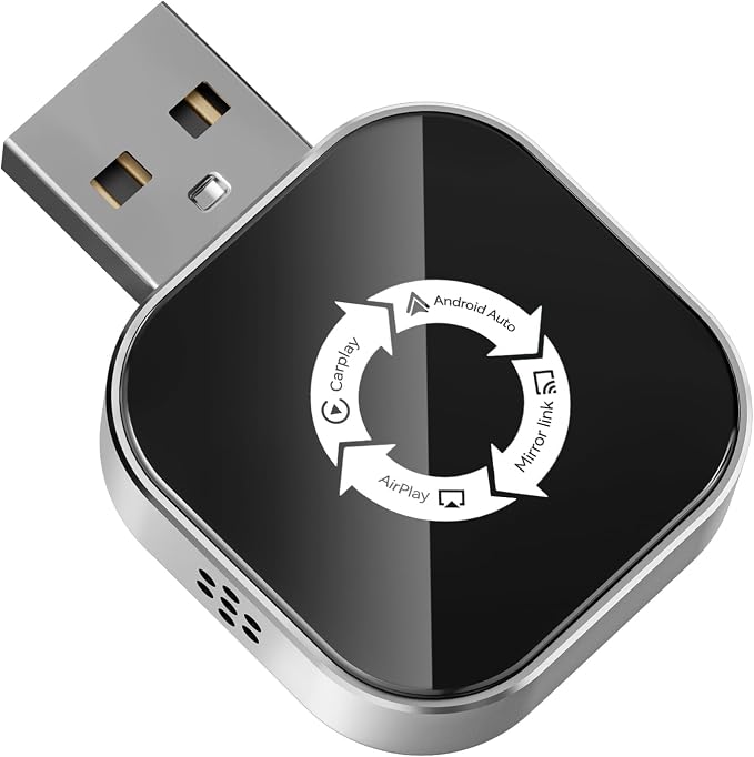4-in-1 Wireless CarPlay Adapter for Apple CarPlay & Android Auto & AirPlay & MirrorLink, 2026 Upgraded Screen Mirroring Mini USB Adapter with Type-C Extension, Low Latency, Plug & Play