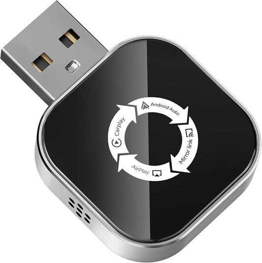 4-in-1 Wireless CarPlay Adapter for Apple CarPlay & Android Auto & AirPlay & MirrorLink, 2026 Upgraded Screen Mirroring Mini USB Adapter with Type-C Extension, Low Latency, Plug & Play