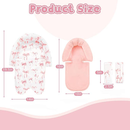 Infant Car Seat Insert with 2 Strap Pads, Carseat Cushion Baby Boy & Girl, Soft and Comfortable Carseat Head Support for Newborn, Pink Bow