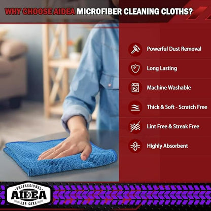 AIDEA Microfiber Cleaning Cloth, 200PK, Microfiber Towels for Cars, Shop Towels Cleaning Rags, Premium Wash Cloths, Absorbent Towel for SUVs, House, Kitchen, Window, Cleaning Supplies 12×12"