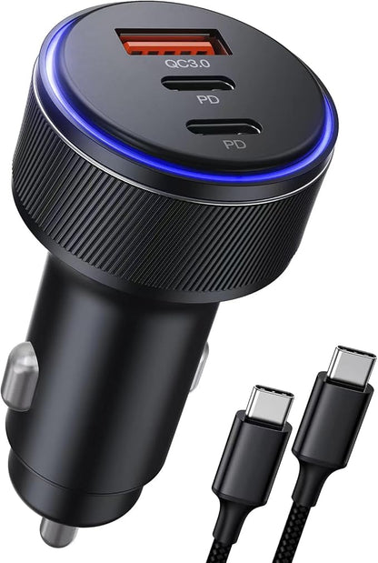 USB C Car Charger,90W 3-Port Dual USB-C & USB-A Car Power Adapter,Includes a Fast Charging Cable for iPhone 16/15/14/13/12/11/Pro Max, iPad, Samsung Galaxy, Google Pixel and Android Devices