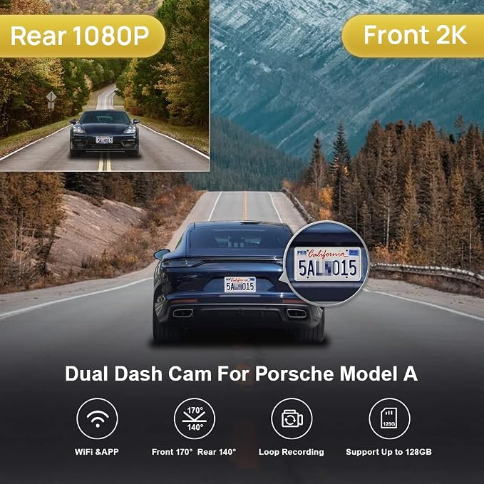 Fitcamx 2K Dual Dash Cam Adapts for Porsche 911 992 Cayenne 9YA 9Y0 9Y3 Panamera 971 Taycan (Model A), OEM Look, Front 1440P+Rear 1080 HD Video, WiFi & APP, Loop Recording, Parking Sensor, 64GB Card